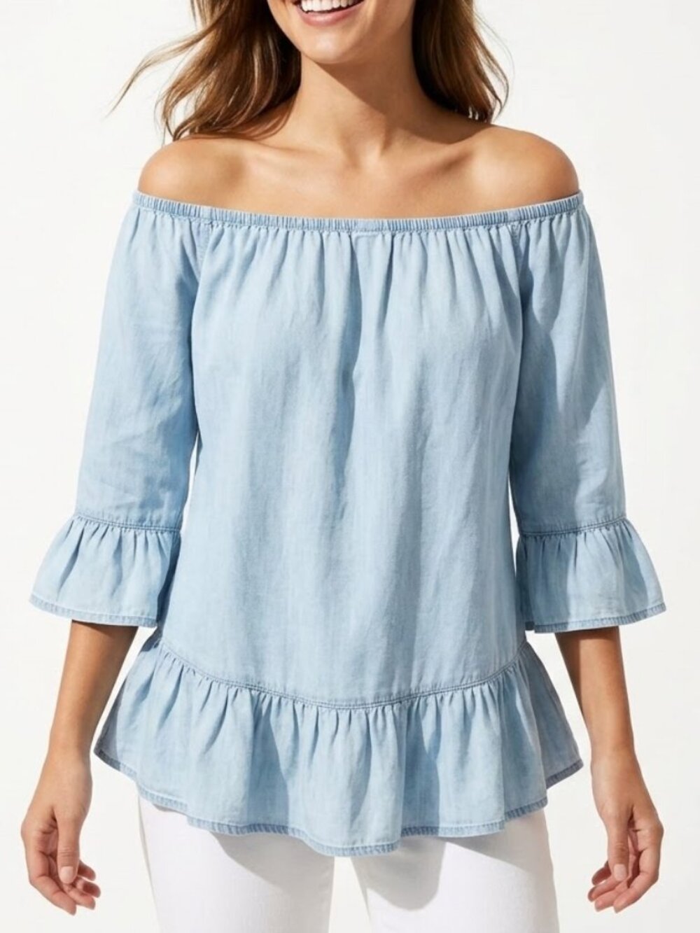 BeachLunchLounge Coquette Cottagecore Lyocell Chambray Ruffle Peplum Blouse M